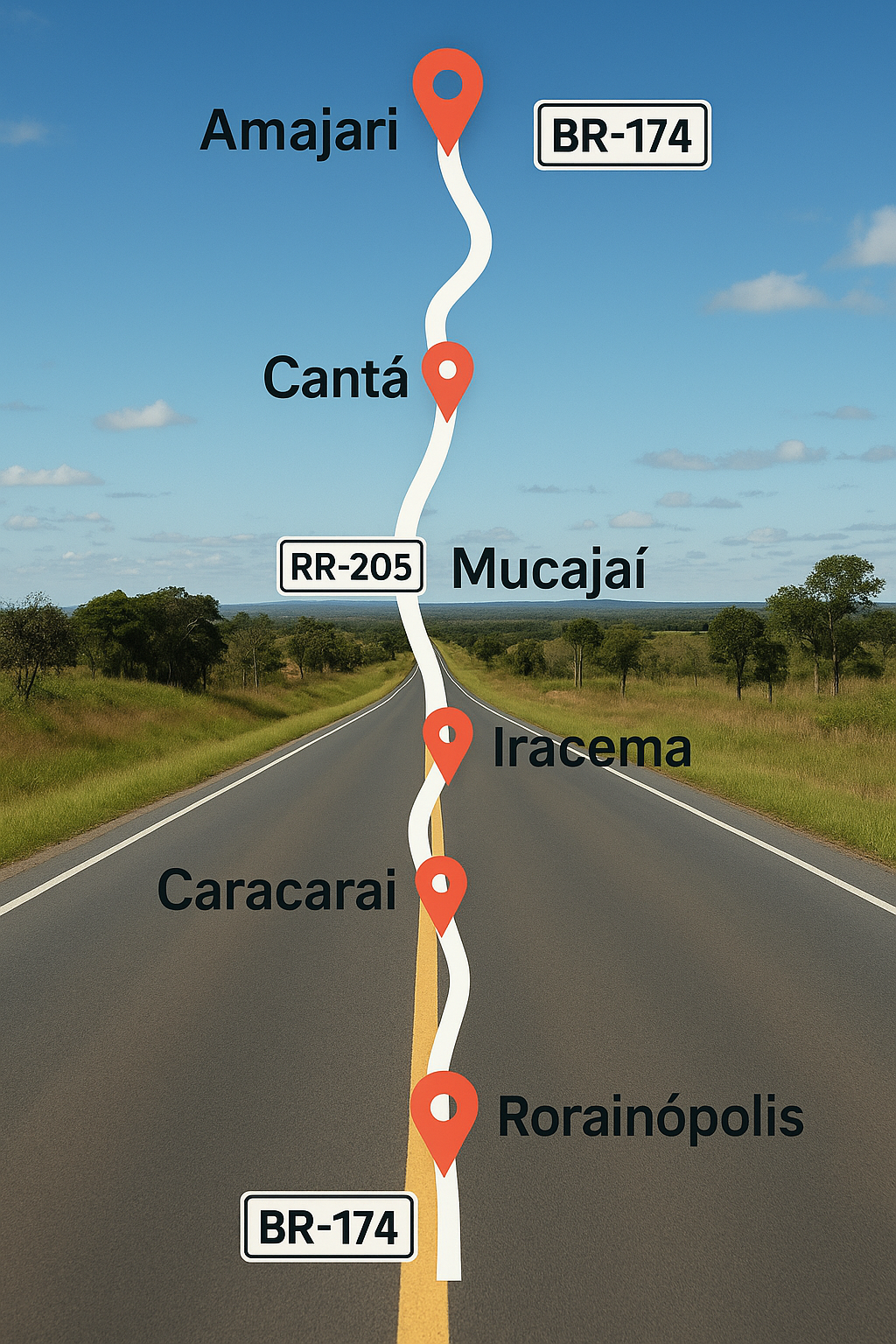 Mapa de Roraima com BR-174, BR-401, BR-432 e RR-205/RR-342